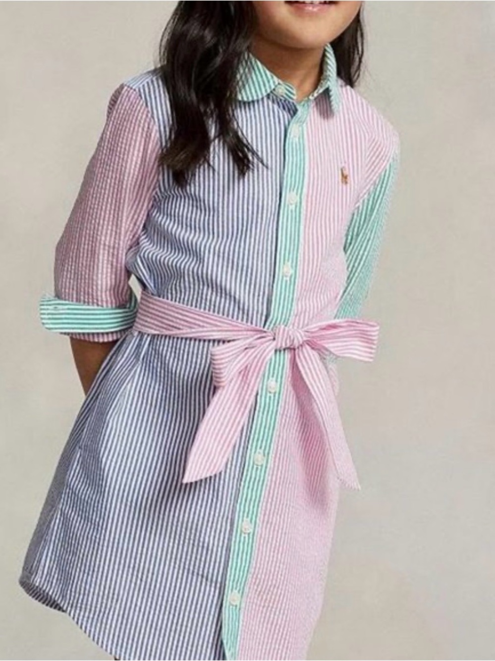 Polo Ralph Lauren Girls Seersucker Colorblock Shirt Dress Size 3 Belted